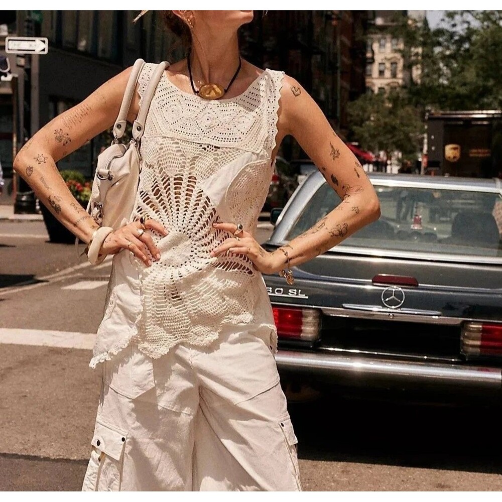 Free People Alias Crochet Tank Top Sheer Lace Longline Cotton White XS 291826